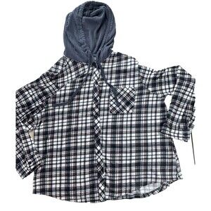 Eden & Olivia Hoodie Top Womens 3X Plaid White Grey Button Up Casual Hood Plus